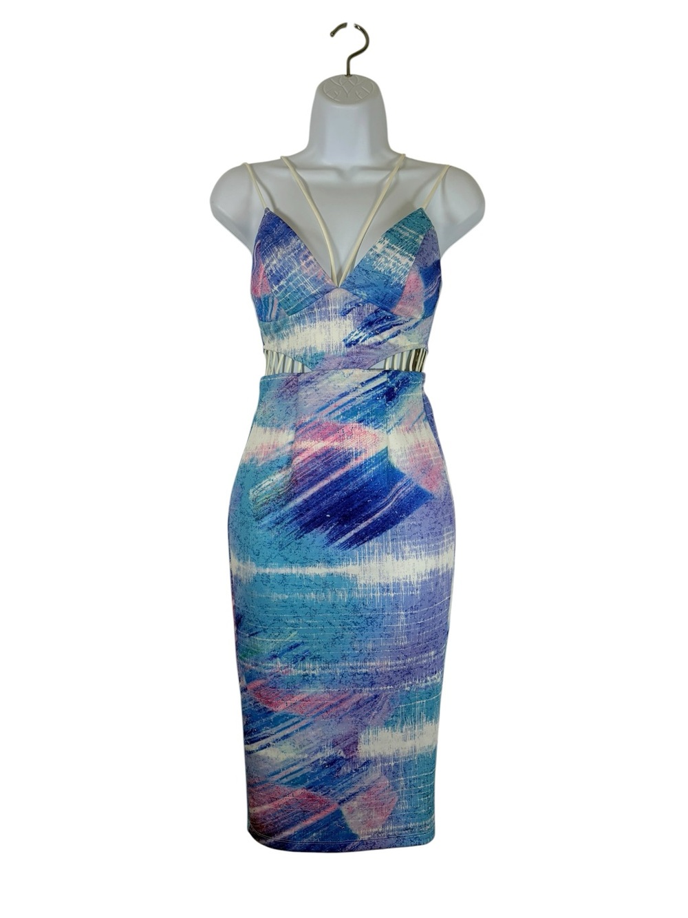 Dream State Fine Art Cutout Bodycon Midi Dress XS Blue Pink Abstract NWT